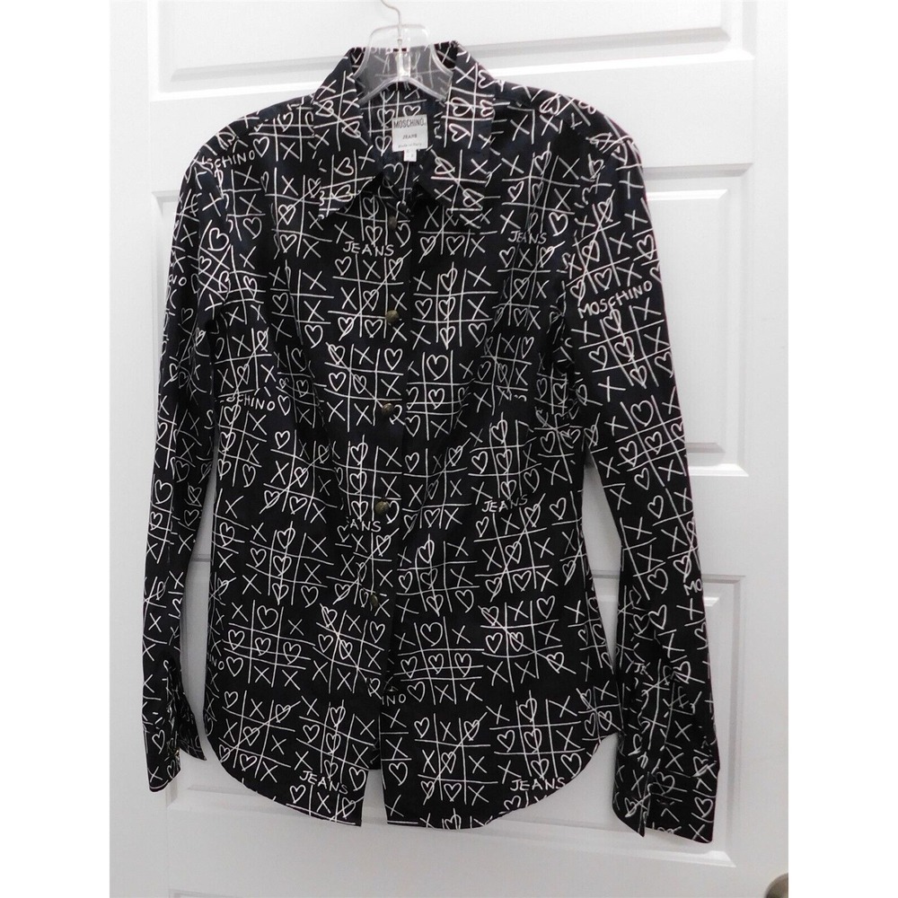 Moschino Jeans Black White Tic Tac Toe Heart Cotton Button Down Blouse sz 8